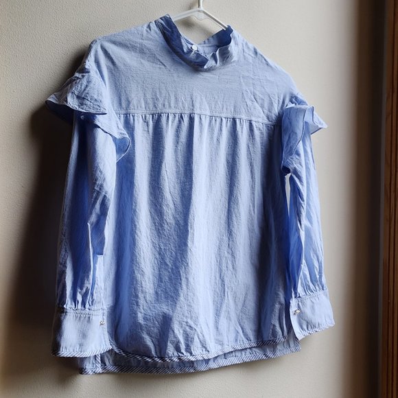 Blue Ruffled Micro-Striped Blouse Size Medium - Picture 4 of 16